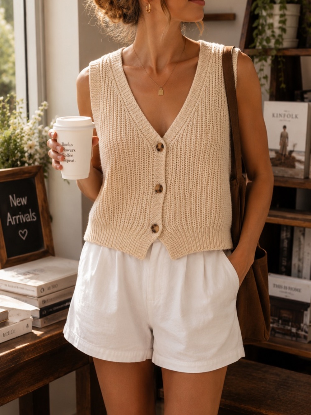 Topshop Cream Chunky Knit Button Front Sweater Vest Oversized Preppy Sz 6